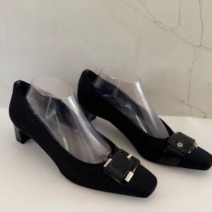 Stuart Weitzman Black Low Heel Pumps Size 9  Stretch Fabric Leather Buckle